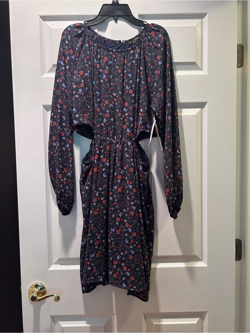 Aqua Navy Long-Sleeve Floral Cutout Dress